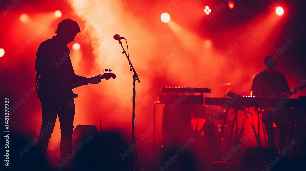 Obraz premium Silhouetted musicians bathed in crimson light energizing stage performance