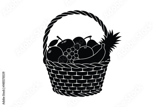 Fruits basket silhouette. The image shows a black silhouette of a woven basket filled with various fruits, like apples, oranges, grapes, bananas, and a pineapple. Vector clipart illustration design.
