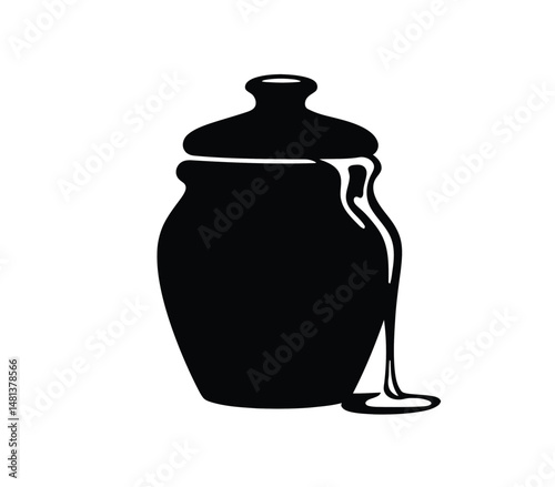 Honey silhouette. The image shows a black silhouette of a jar of honey with some dripping down the side, representing a sweet and natural food. Vector clipart illustration design.