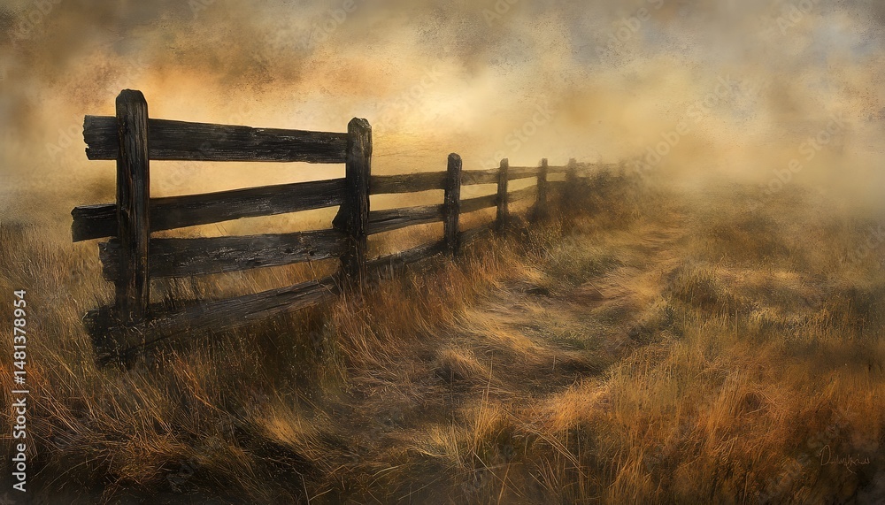 Fototapeta premium Rustic wooden fence leading through a misty field at dawn.