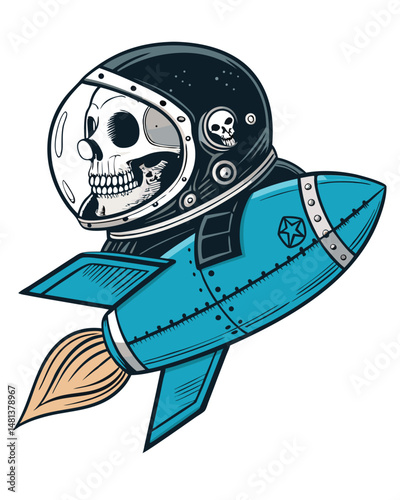 A detailed illustration of a skull in a retro space helmet astride a vintage rocket, soaring through a vibrant nebula.