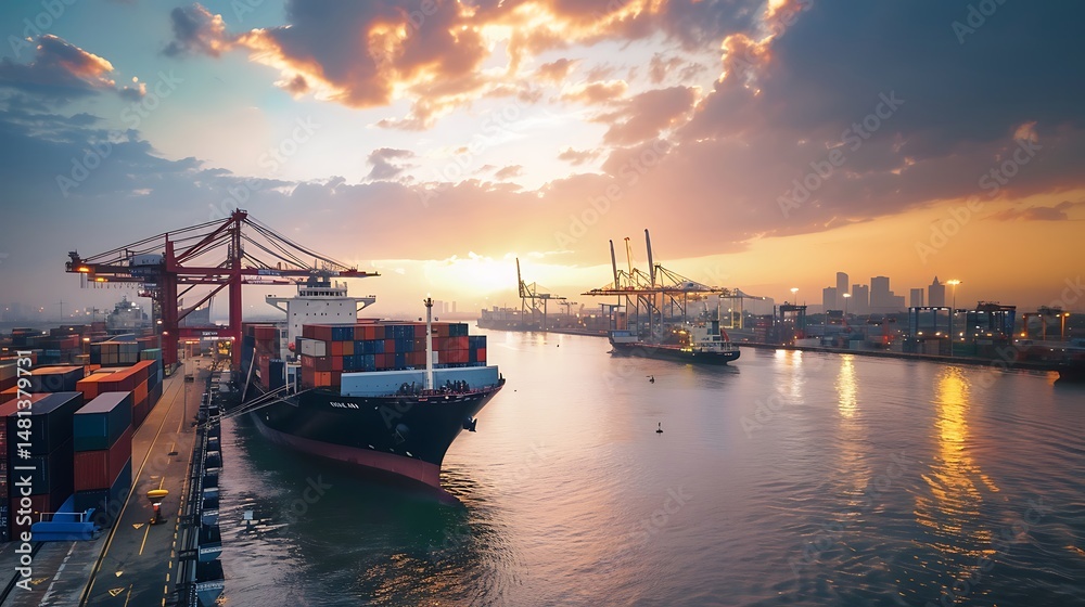 Fototapeta premium Cargo Ship Docked At Harbor During Sunset Golden Hour With Containers And City View