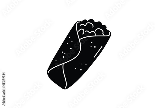 Burrito silhouette. The image shows a black silhouette of a burrito, a Mexican dish consisting of a filled tortilla wrap. Vector clipart illustration design.