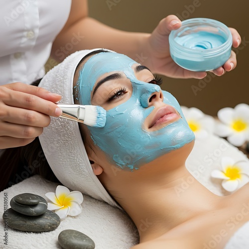 Woman receiving a blue facial mask treatment at spa with flowers and stones