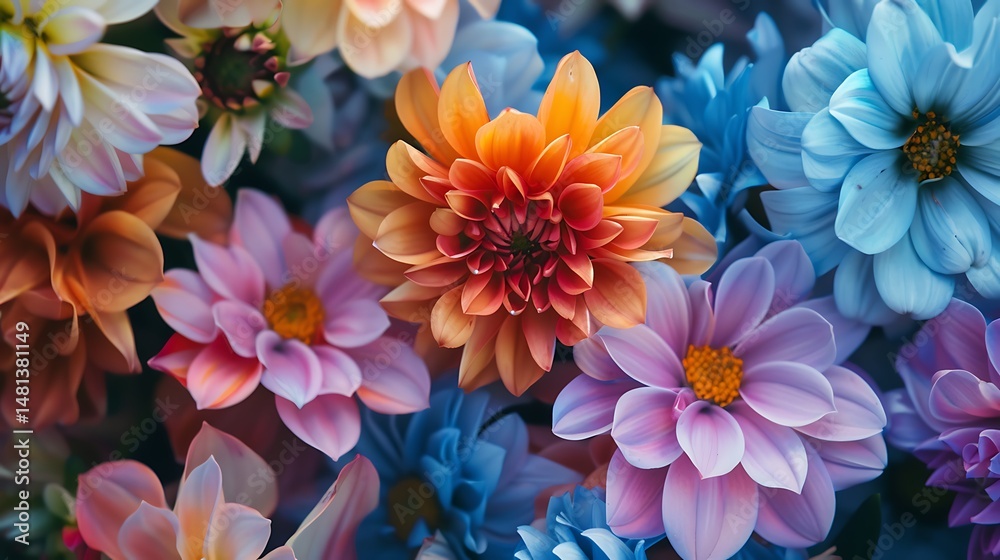 Obraz premium Close Up Arrangement of Vibrant Colorful Flowers with Detailed Petals and Soft Lighting