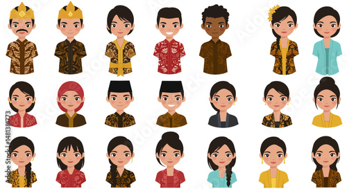 Cartoon Indonesian People in Traditional Clothing with Batik and Headwear