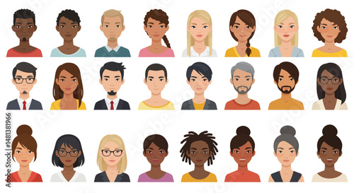 Diverse Group of Cartoon Portraits Men and Women with Varied Hairstyles and Attire
