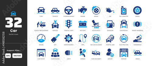 Car Icon Set Collection - Glyph Solid Style. Containing Brake Pedal, Brake Warning, Brake, Accident, Repair, Car Wash, Carpooling, Driver, Electric Car, Engine, Gasoline, Gauge, GPS, Handbrake, Key.