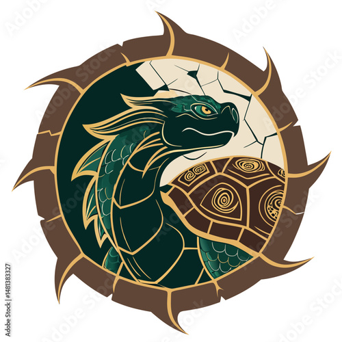 A stylized, mythical dragon turtle, intricately detailed, nestled within a glowing, otherworldly crack in a rock face.  Emphasis on vibrant color and fantasy elements.
