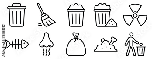 Trash Icon Set Line Style Collection representing waste disposal and cleanup actions suitable for user interface design environmental apps and maintenance services