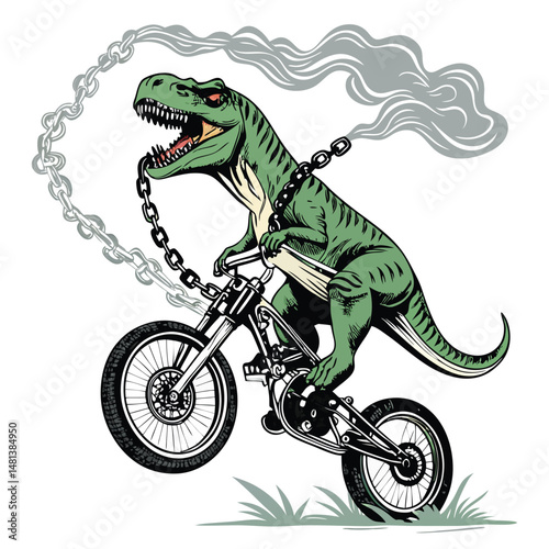 A stylized Tyrannosaurus Rex performing a wheelie on a customized stunt bike, adorned with chains, set against a vibrant, graffiti-style backdrop.