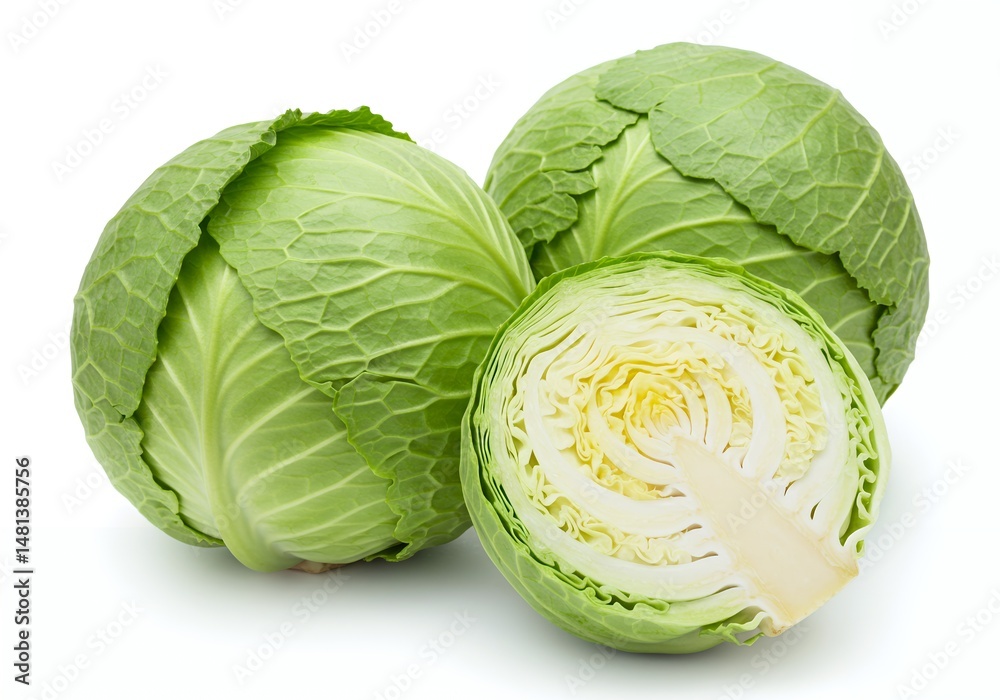 Fototapeta premium Fresh green cabbage heads. Whole and halved, perfect for cooking, salads, and healthy eating.