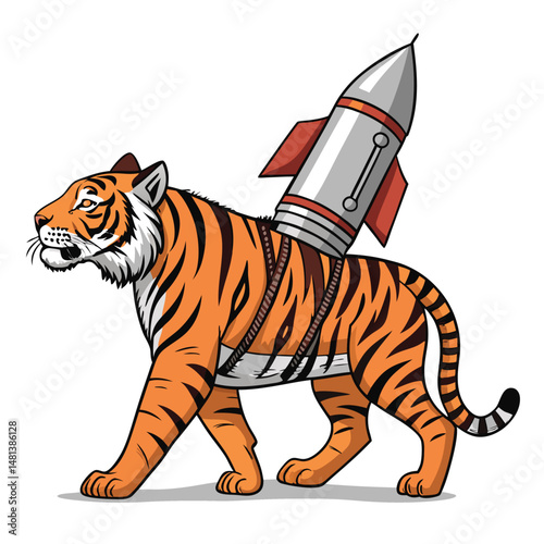 A majestic tiger, powerfully built, with a gleaming rocket engine strapped to its back, leaping over a bold, sleek sports car.