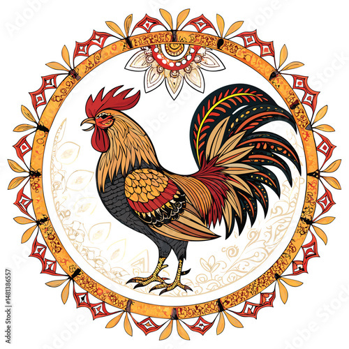 A majestic rooster, rendered in vibrant batik patterns, proudly stands within a traditional Malaysian 