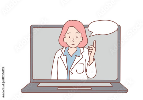 female doctor talking online with patient video call therapy session and examination. Consultation, medicine, health, care, online, consultation meeting. Hand drawn style vector design illustrations.