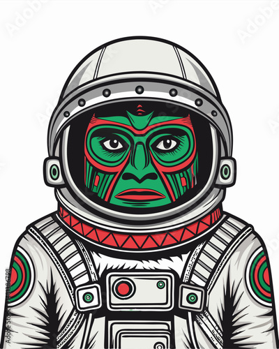 A futuristic tribal astronaut, adorned with a glowing green totem mask, stands against a dark nebula backdrop.  Detailed tribal markings and space suit.