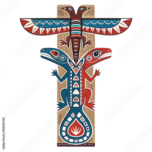 Design a vertical rectangular totem pole featuring two stylized twin lizards, incorporating intricate tribal patterns and vibrant colours.
