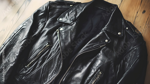 Stylish Black Leather Jacket on Wooden Floor - Fashion Design and Texture