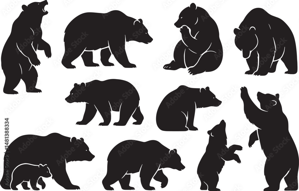 Fototapeta premium Bear Silhouette Vector Set. Wild Animals in Various Poses.
