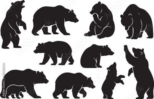 Bear Silhouette Vector Set. Wild Animals in Various Poses.