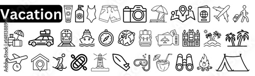 Vacation Line Editable Icons Set. Vector illustration in modern thin line style of travel-related icons: tourism, trip planning, beach holidays, and more. Isolated on transparent background