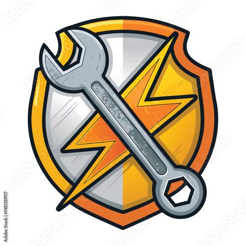 Design a vibrant icon depicting a weapon upgrade, featuring a wrench crossing a stylized lightning bolt, suggesting power enhancement.