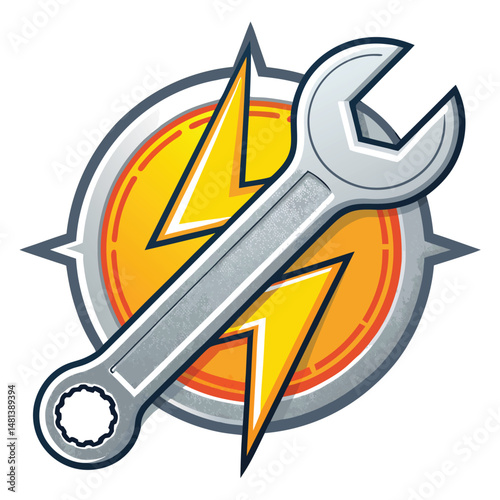Design a vibrant icon depicting a weapon upgrade, featuring a wrench crossed with a stylized lightning bolt, signifying enhanced power and repair.