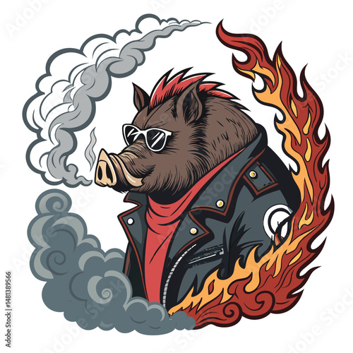 A wild boar, wearing a leather biker jacket, performing a tire-shredding burnout, amidst a cloud of smoke.  The scene is humorous and surreal.