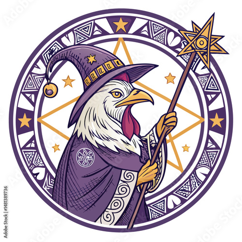 A whimsical illustration of a rooster wizard, adorned in robes, casting a spell within an intricate glowing magic circle.  Intricate details are crucial.