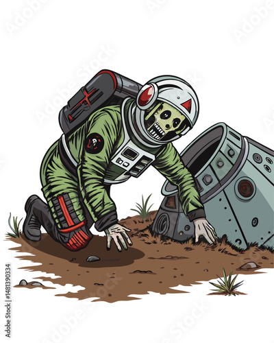 A decaying zombie astronaut, wearing a tattered spacesuit, crawls from the wreckage of a crashed spaceship on a desolate alien planet.