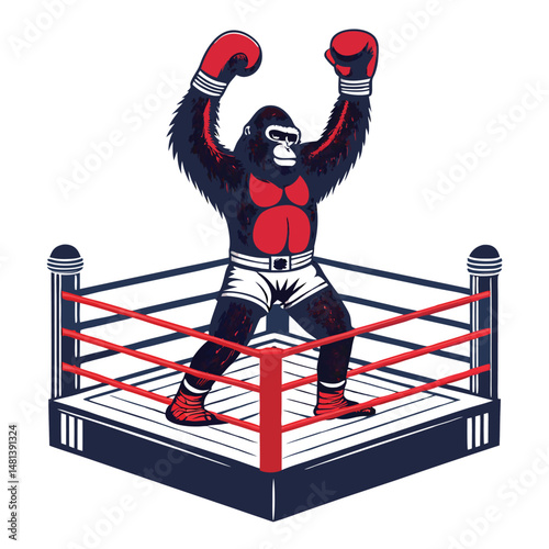 A powerful gorilla, wearing boxing gloves, stands defensively inside a rectangular arena, ready to fight.  The lighting is dramatic, highlighting the muscles.