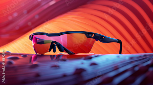 Sport Sunglasses with Reflective Lenses on Wet Surface

