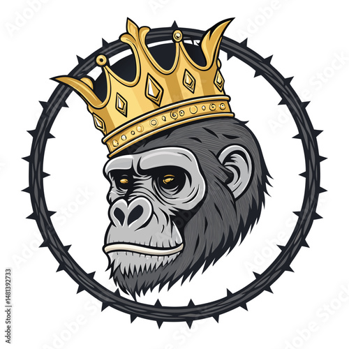 A detailed rendering of a gorilla skull, subtly positioned within a roughly hewn oval frame, adorned with a small crown.  High contrast, dramatic lighting.