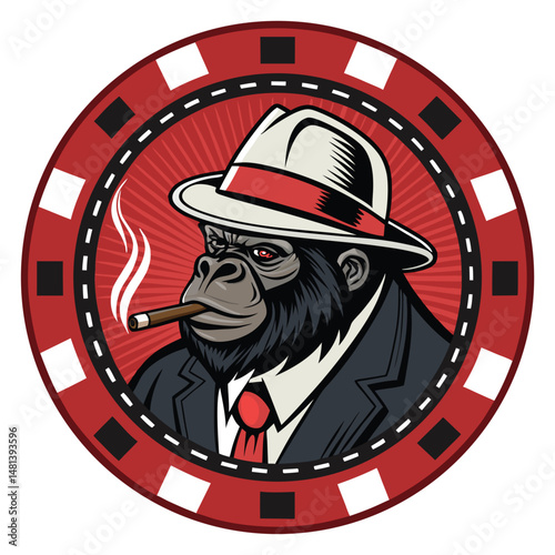 A powerful gorilla, dressed in a pinstripe suit, sits amidst a circle of poker chips, puffing on a large cigar.  He exudes menace and wealth.