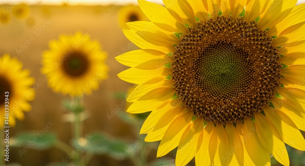 Fototapeta premium Radiant sunflower portrait bathed in golden light highlighting its complex seed head