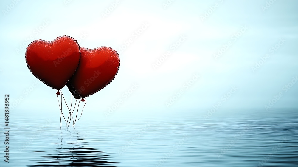 Fototapeta premium Two red heart balloons floating on water (1)