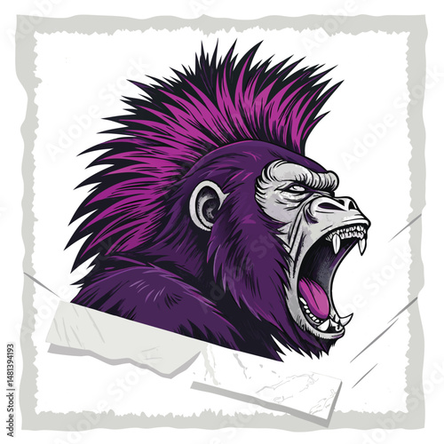 A punk gorilla with a vibrant mohawk screams ferociously amidst a grunge, torn backdrop.  Detailed, gritty texture.