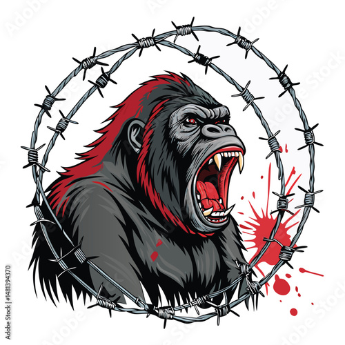 A furious gorilla, muscles bulging, violently breaks free from a rusty barbed wire enclosure.  Blood and sweat detail the struggle.