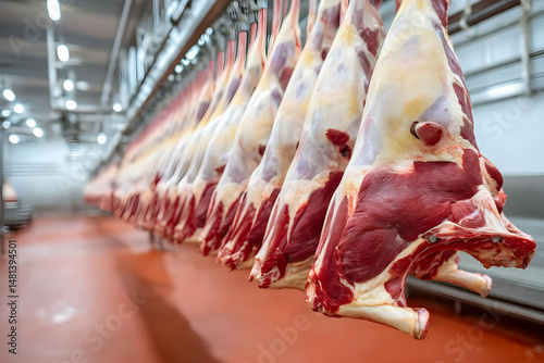 A close-up view of hanging meat in a commercial butcher shop, showcasing the meticulous preparation and storage of quality beef for distribution.