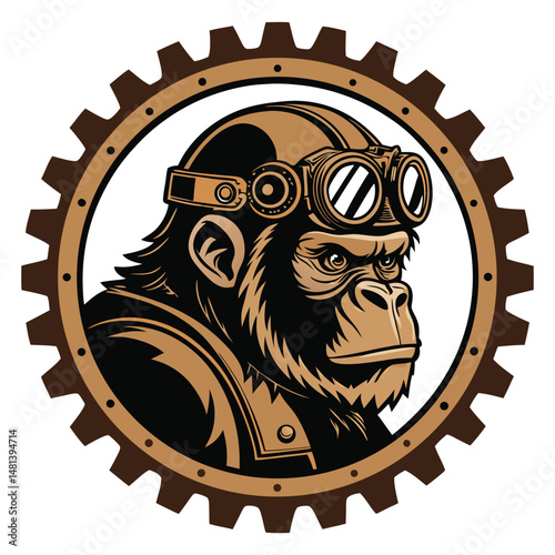 A majestic steampunk gorilla, adorned with intricate gears, goggles, and Victorian-era mechanical components, stands powerfully amidst cogs and steam.