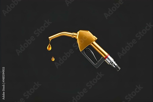 Golden Gas Pump Nozzle Dripping Fuel: High-Quality Image for Energy, Oil, and Automotive Industries. Stock Photo of Fueling Concept.