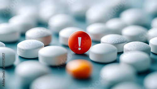A focus on a red alert pill amidst a sea of white tablets, symbolizing caution in health, medication safety, and awareness of drug usage.