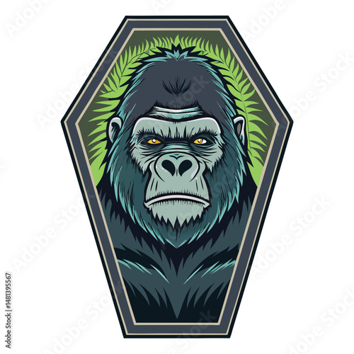 A decaying, stitched-face zombie gorilla rests inside a coffin-shaped enclosure.  Detailed depiction; dark, gritty, horror aesthetic.