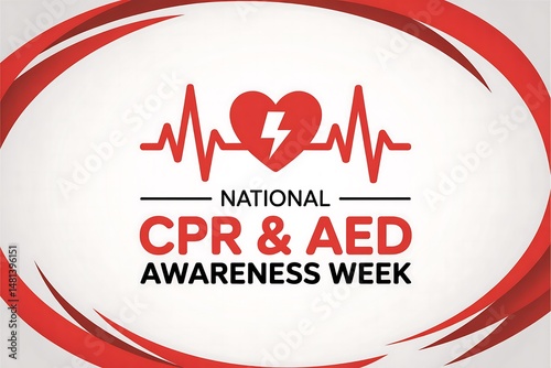 National cpr and aed awareness week graphic with heart and lightning bolt in red and white colors photo