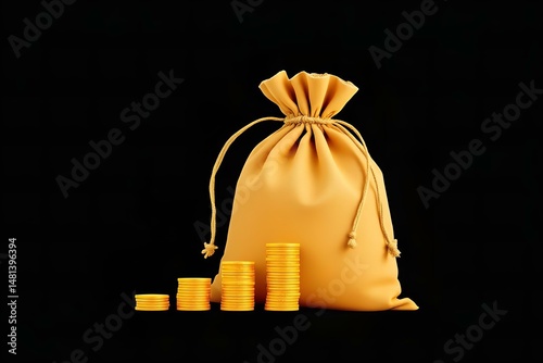 Money Bag with Gold Coins: 3D Render of Financial Wealth, Savings, and Investment on Black Background