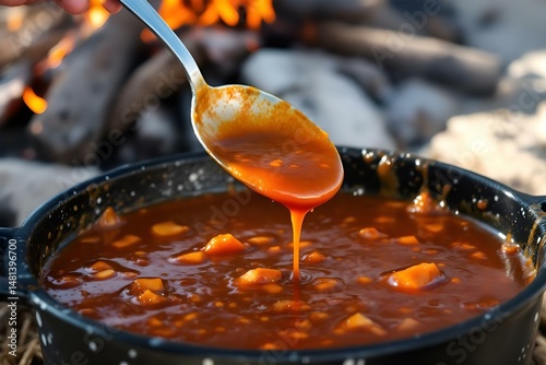 Campfire Cooking: Hearty Stew in Cast Iron Pot Over Open Fire, Outdoor Meal, Delicious Food, Camping Adventure, Rustic Cuisine, Warm & Comforting