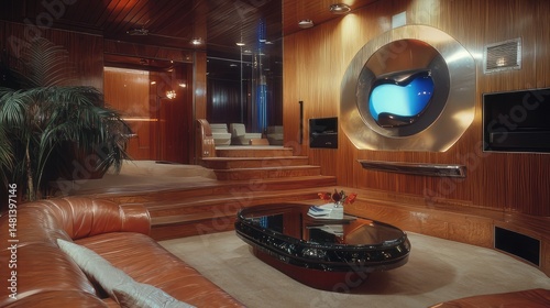Modern living room interior design features a flat screen television above a luxury sofa and table