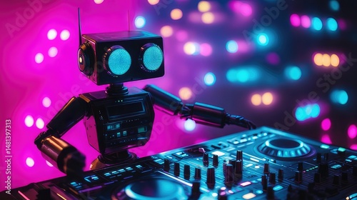 A blue electronic circuit board powers the DJ's digital music equipment at the nightclub