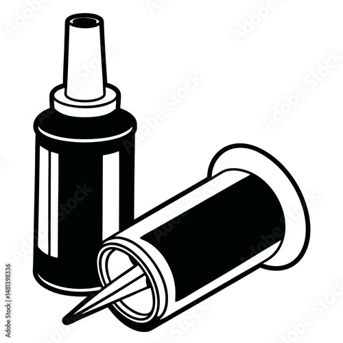Two Caulking Gun Tubes Icon, One Standing and One Lying Down with Nozzle, Black and White Design