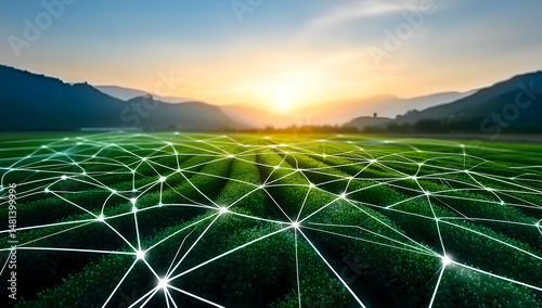 A stunning landscape showcasing interconnected fields with a network design illustrating the harmony between nature and technology at sunset. photo